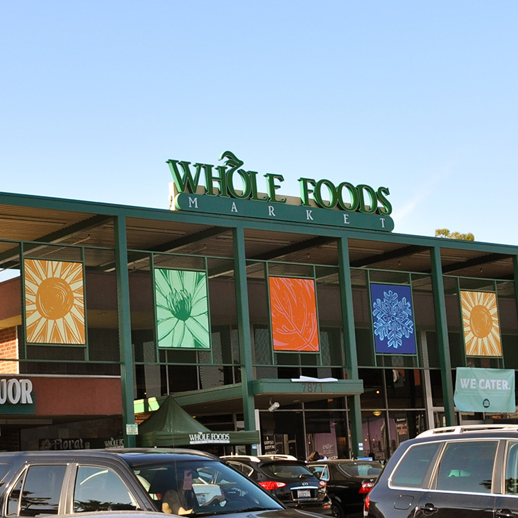 Shot of Whole Foods Market sign and brightly colored nature murals