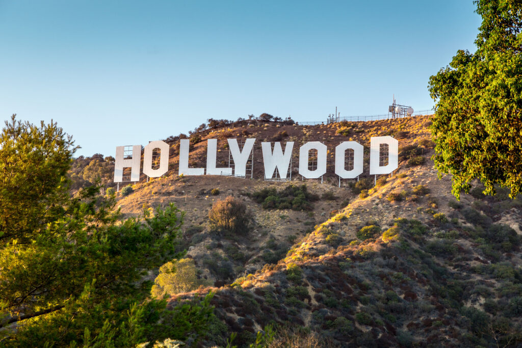 Close up of the Hollywood sign surrounded by landscape